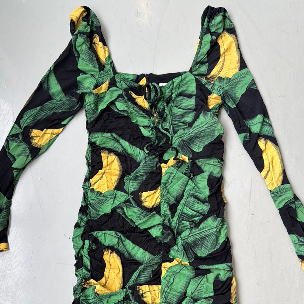 Ganni Green, Black & Yellow Ruched Long-Sleeve Midi Dress - Picture 3 of 6